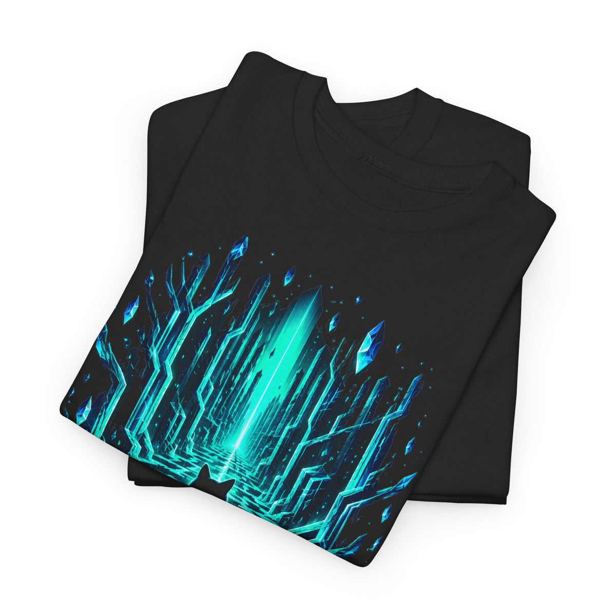 Glowing Crystal Maze Cat T-Shirt Black Cat Neon Teal Labyrinth Fantasy Tee
