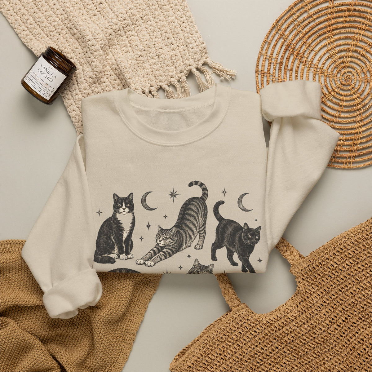 Vintage Cats and Moons Sweatshirt Cute Cat Lover Celestial
