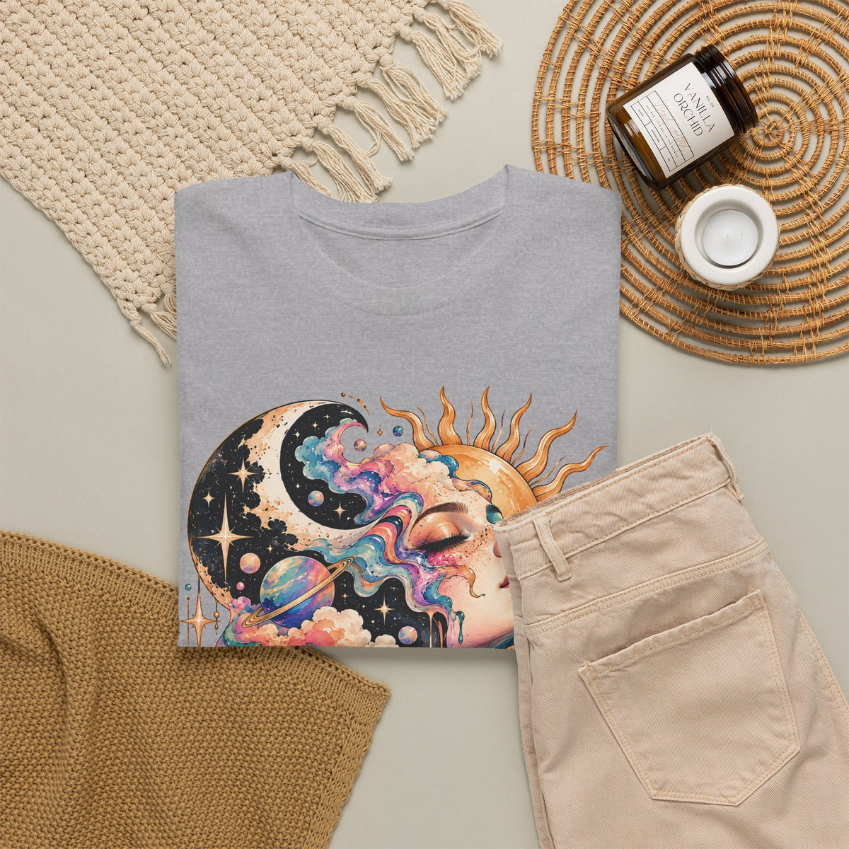 Celestial Sun and Moon Woman T-Shirt, Pastel Cloud Hair Melting Drip Planets Stars Graphic Tee Unisex