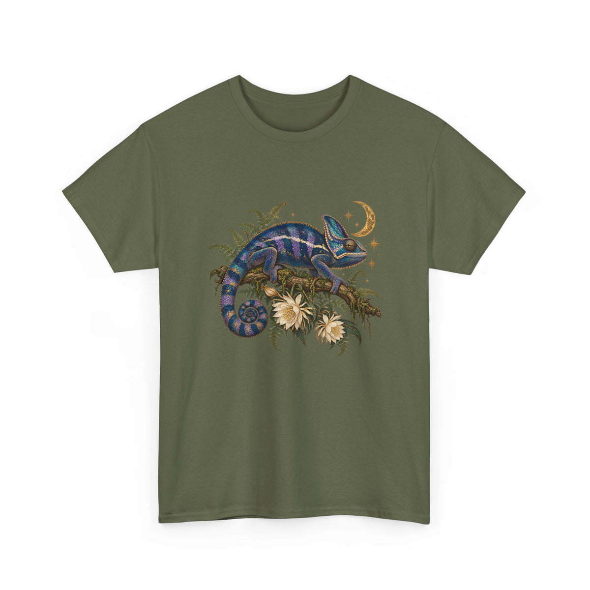 Night Bloom Chameleon T-Shirt Celestial Crescent Moon Ferns Reptile Tee