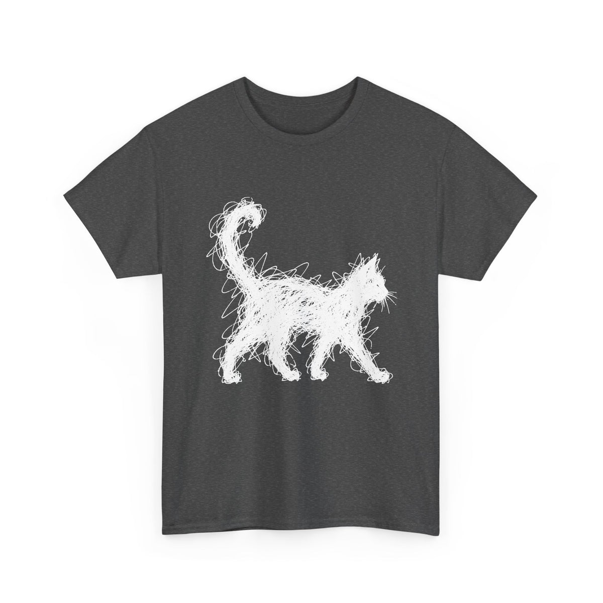 Scribble White Cat on Black T-Shirt Minimal Line Art Cat