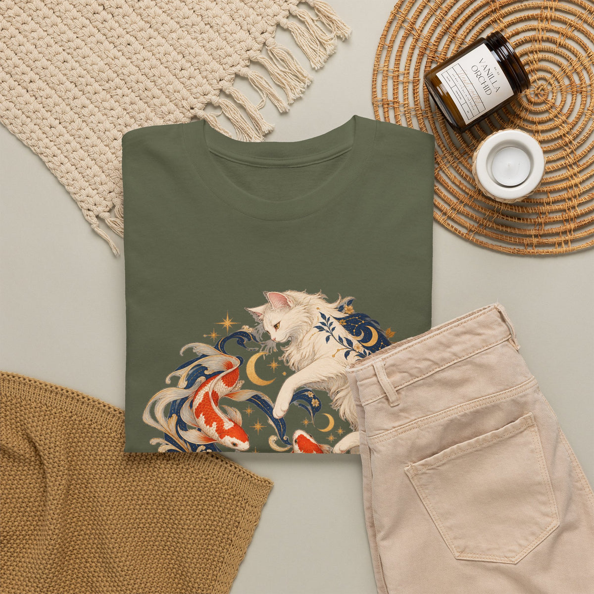 White Cat Koi Celestial T-Shirt Yin Yang Floral Cat Fish Tee