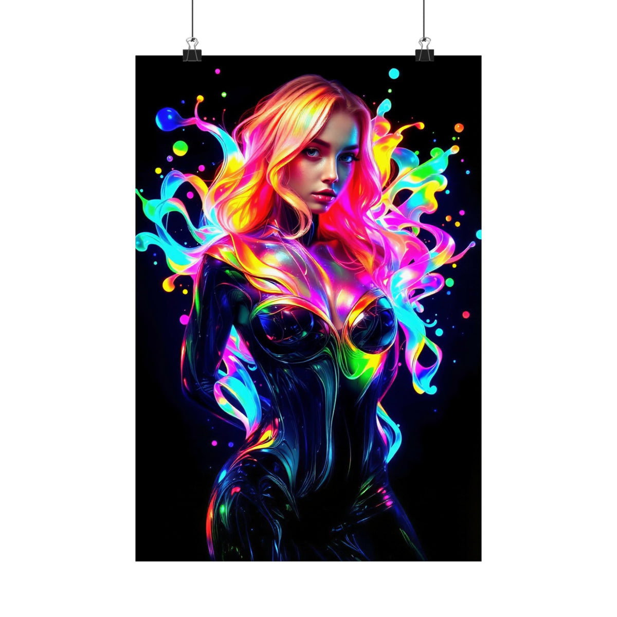 Neon Splash Rainbow Hair Woman Poster Matte Vertical Wall Art
