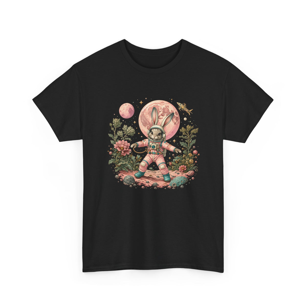 Bunny Astronaut T-Shirt Pink Moon Space Rabbit Flowers Rocket Tee