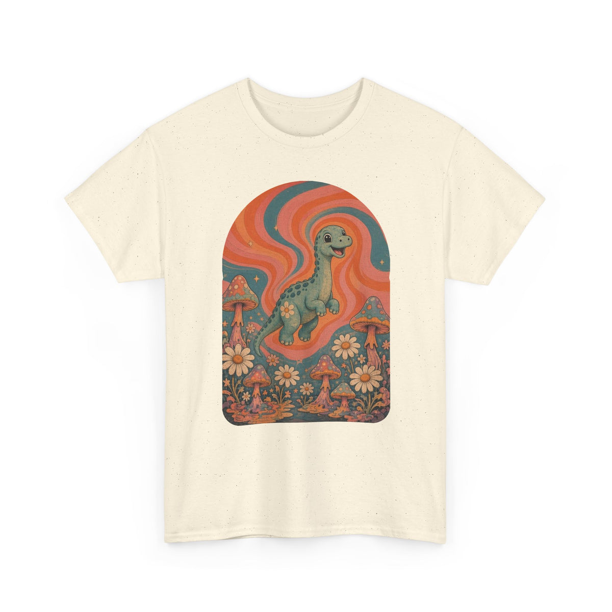 Groovy Brontosaurus T-Shirt Retro 70s Dinosaur Mushrooms Daisies Tee