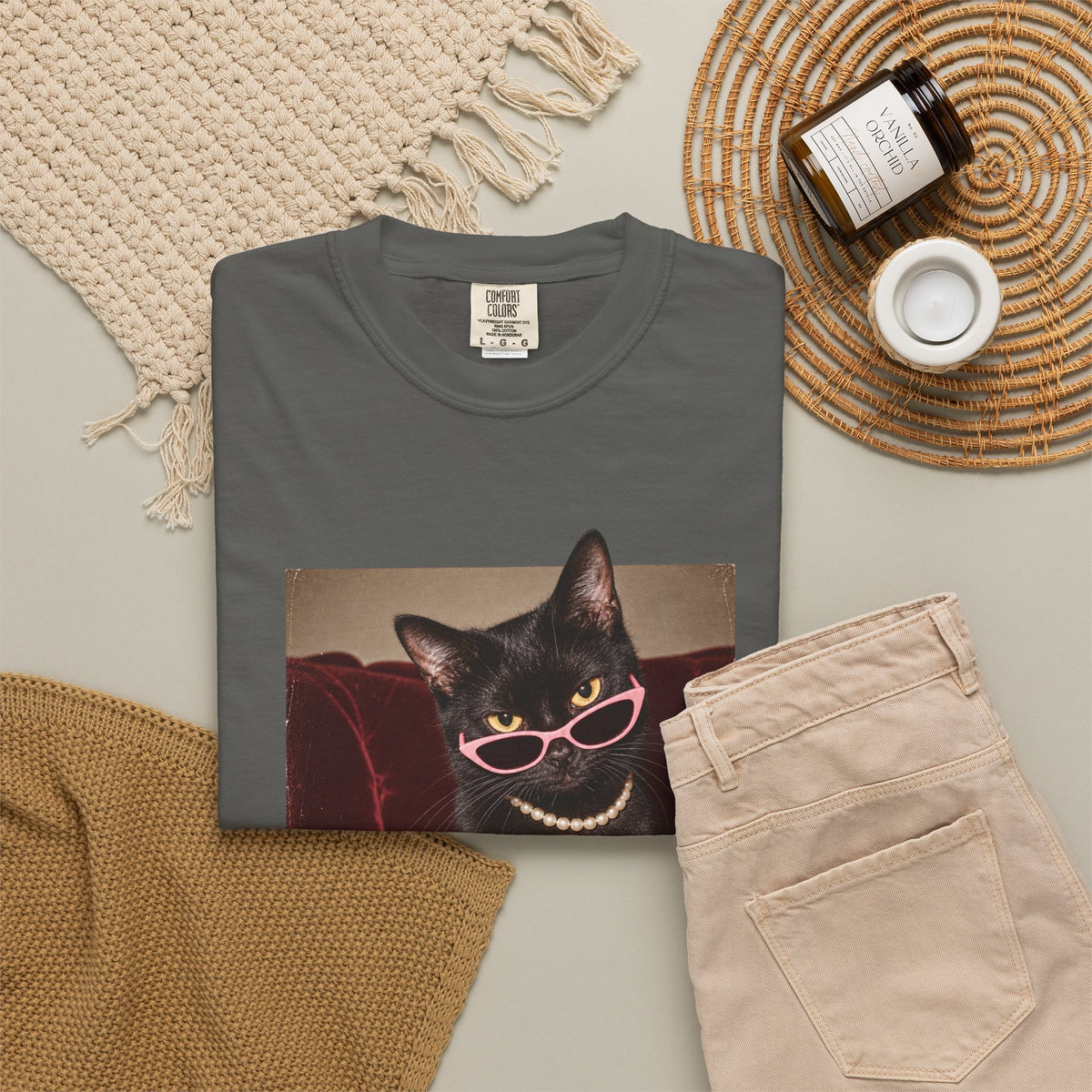 Respectfully What the Fluff Funny Cat Tee Black Cat Sunglasses Pearls Shirt