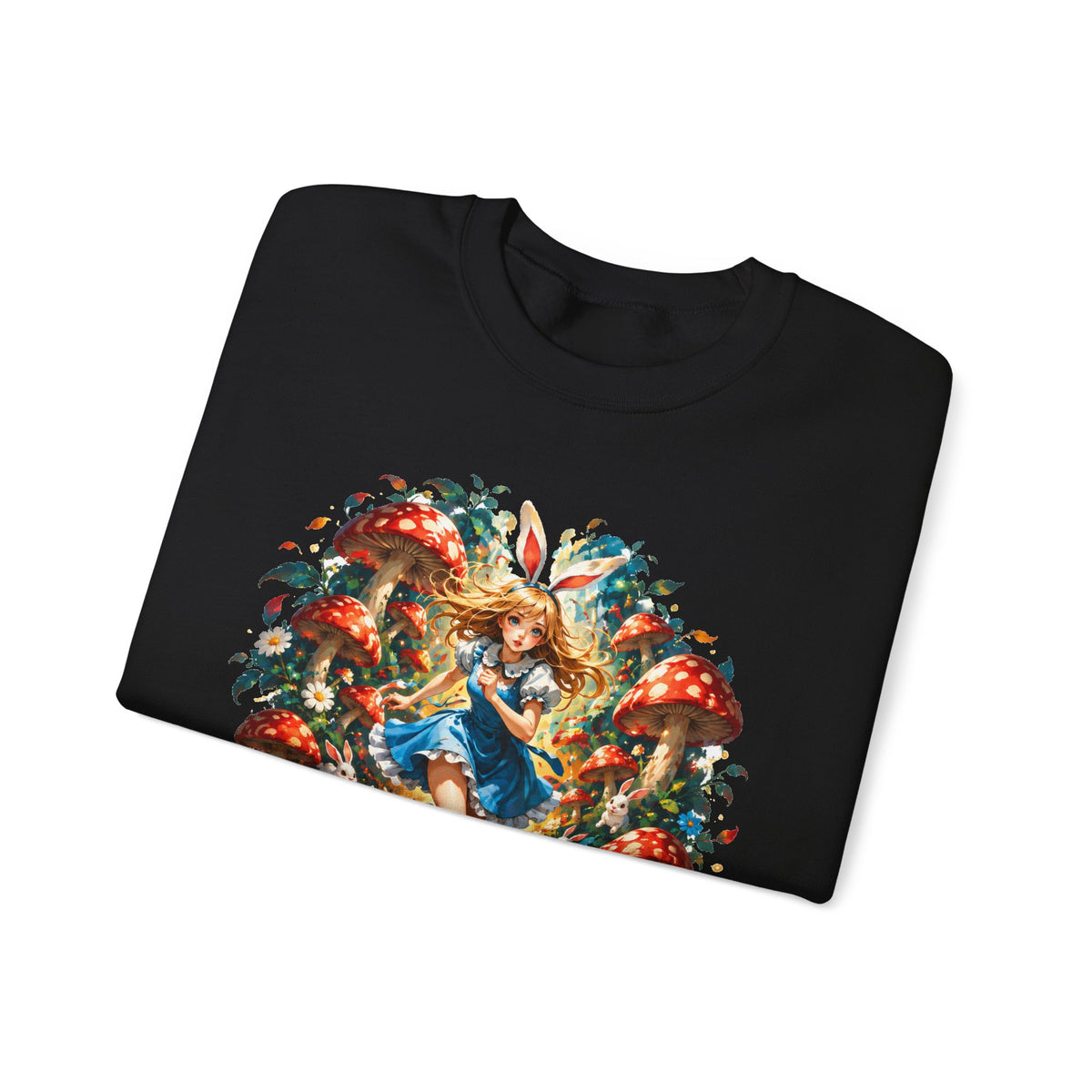 Wonderland Bunny Girl Sweatshirt Red Mushroom White Rabbit Fairytale Forest Crewneck