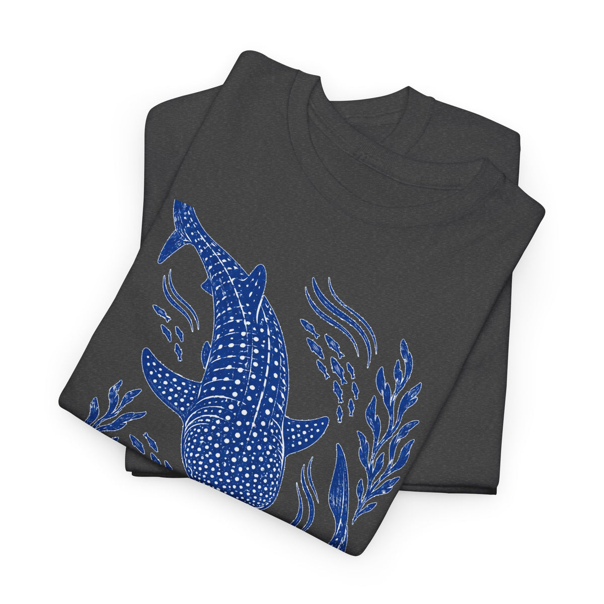 Whale Shark Linocut T-Shirt Blue Block Print Ocean Seaweed Fish Tee