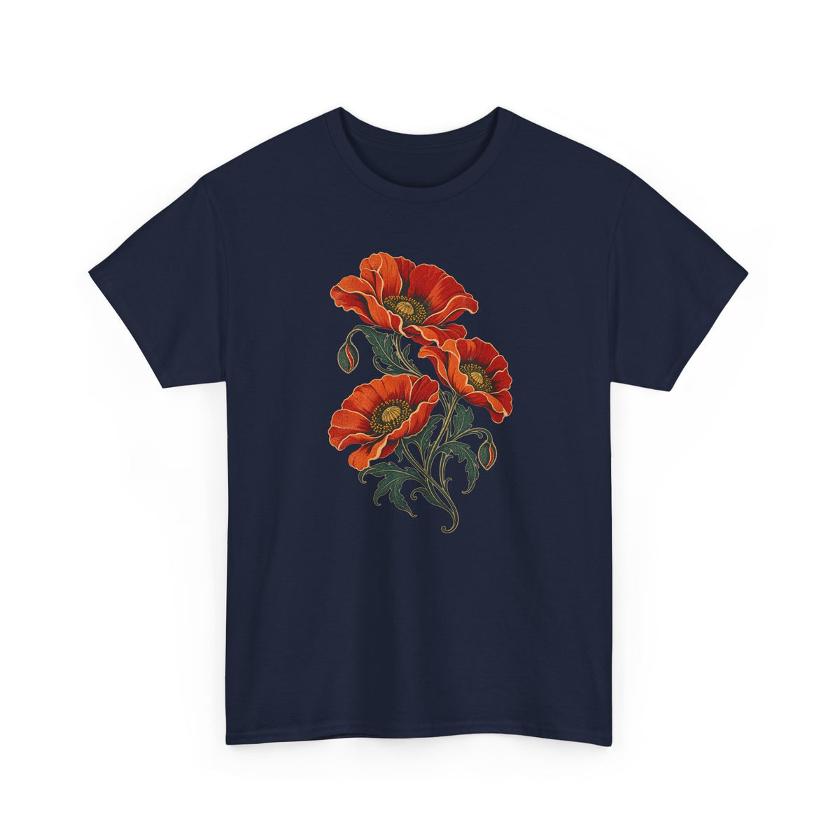 Orange Poppies Botanical T-Shirt Gold Outline Vintage Floral Tee