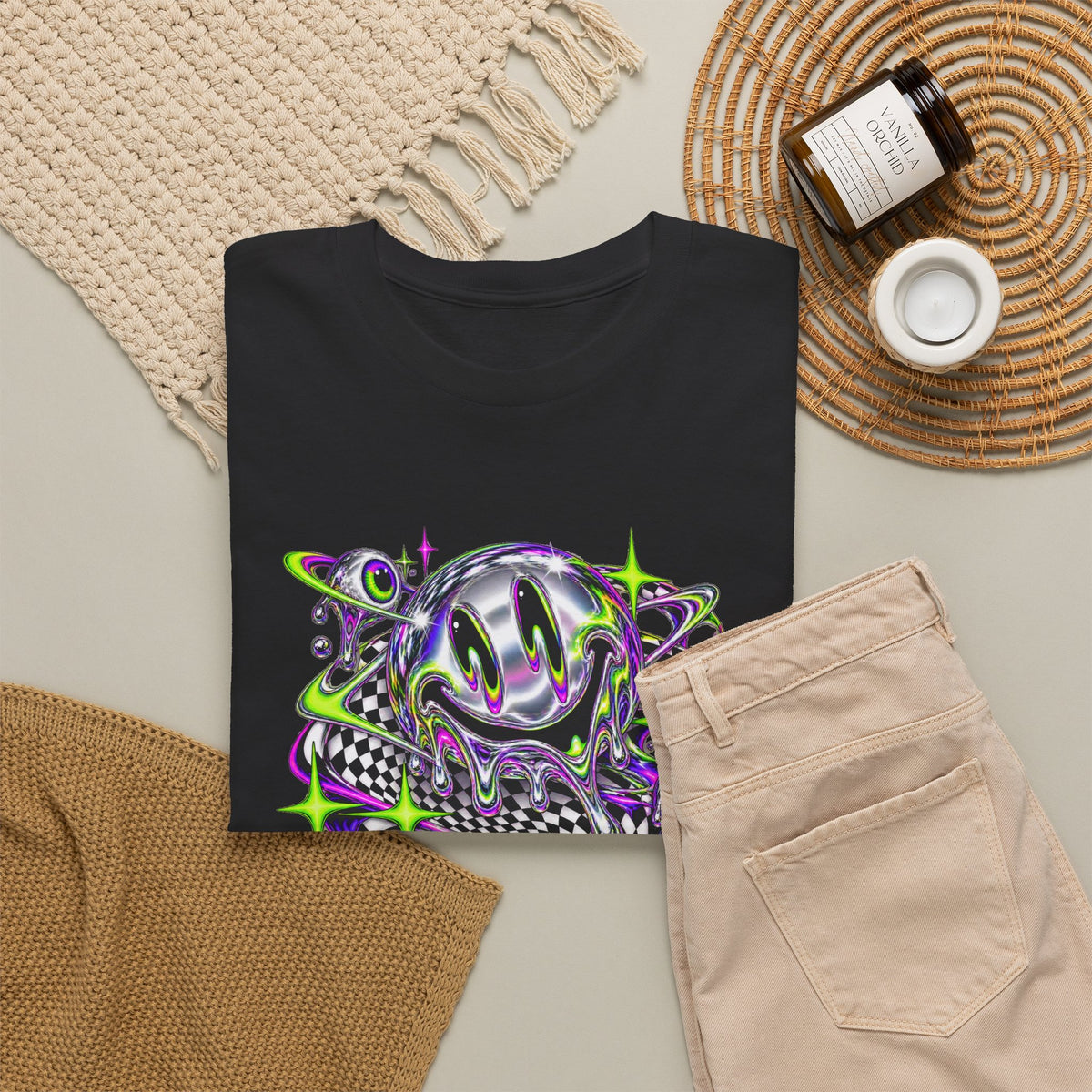Chrome Melting Smiley T-Shirt Acid Trippy Y2K Psychedelic Tee
