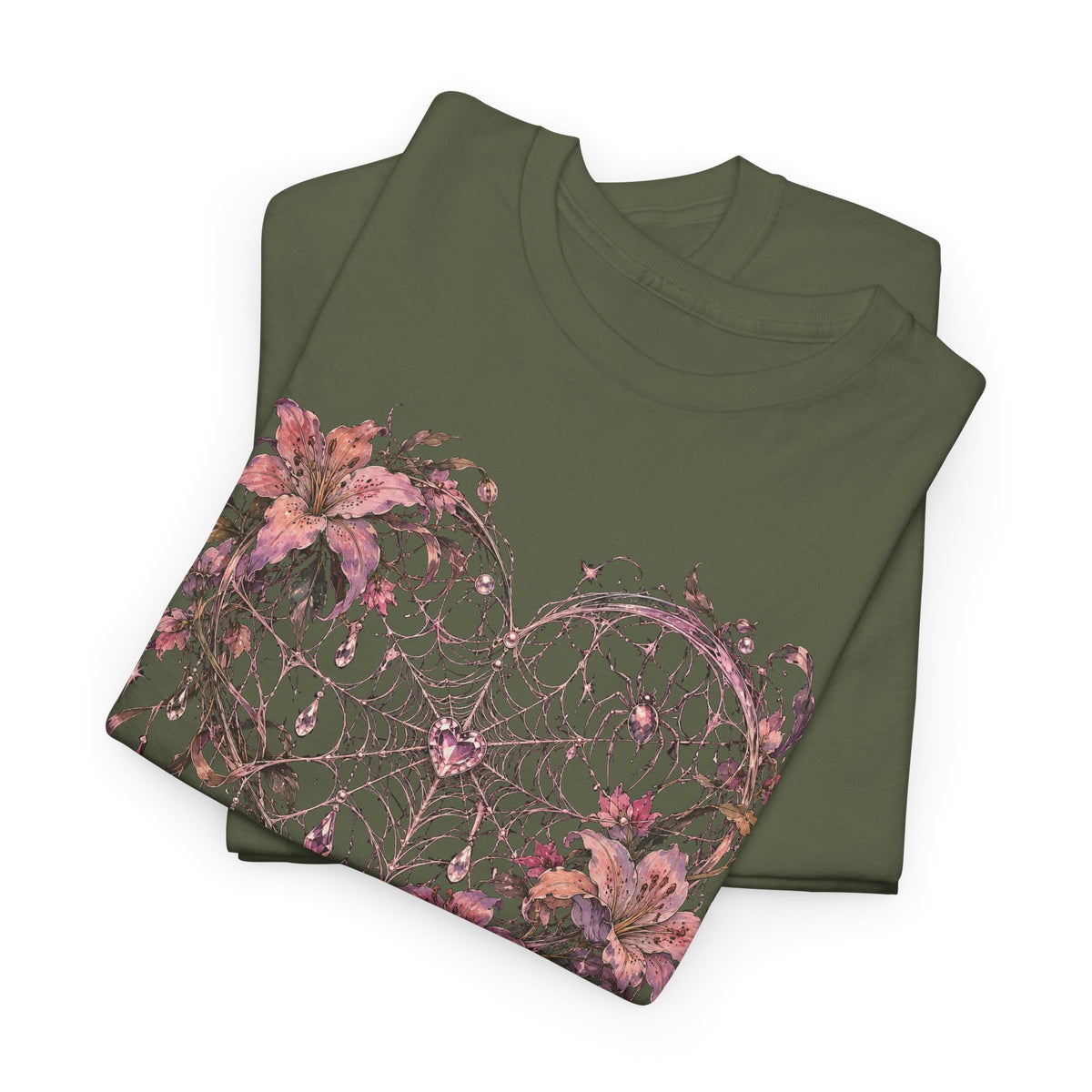 Gothic Spiderweb Heart T-Shirt Pink Lilies Crystal Pastel Goth Graphic Tee