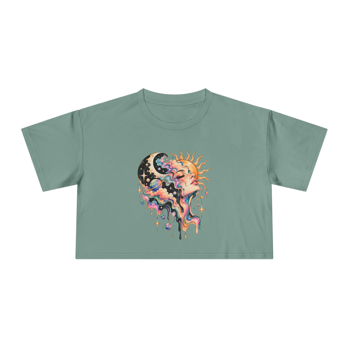 Celestial Sun and Moon Woman Crop Tee, Pastel Cloud Hair Melting Drip Planets Stars Women's Cropped T-Shirt
