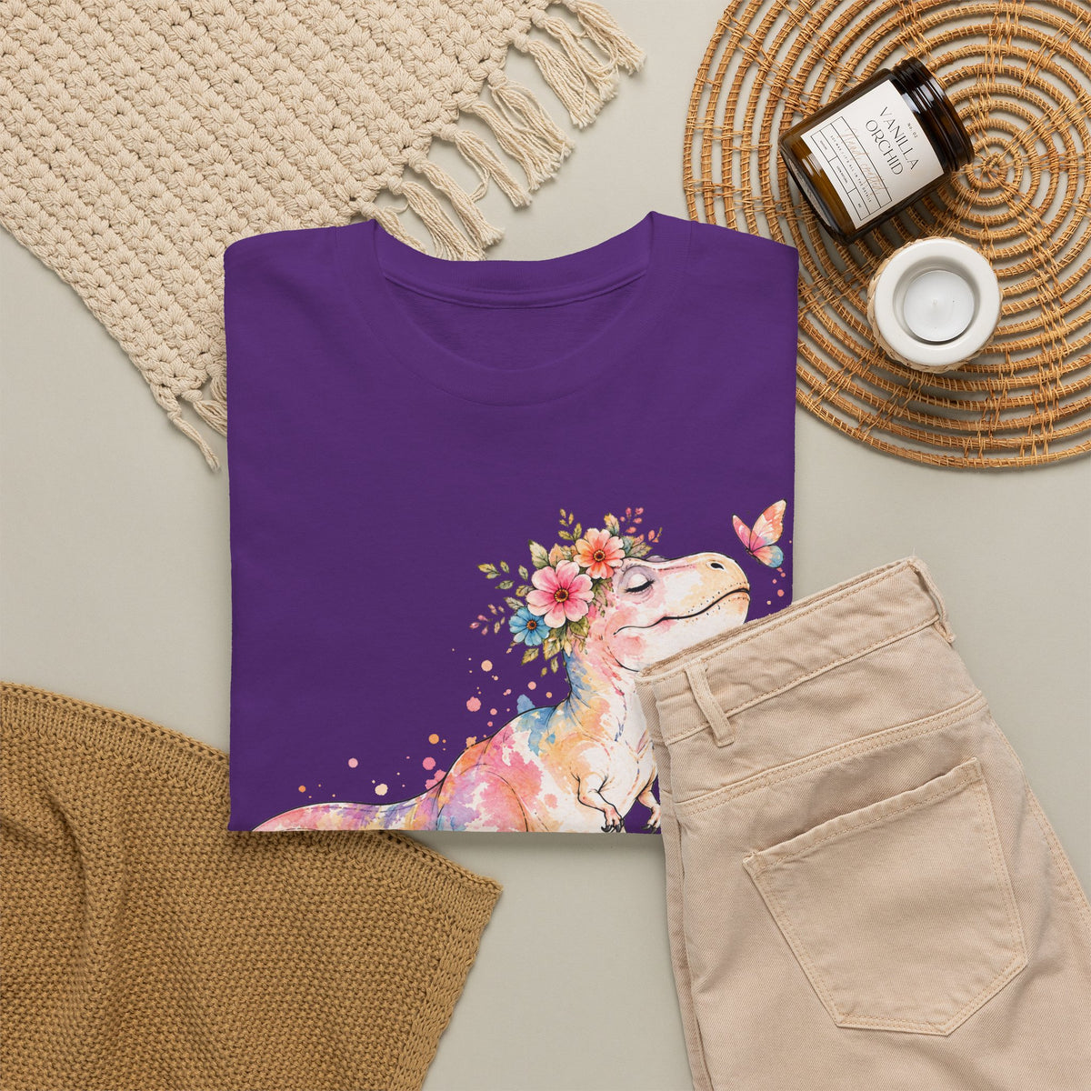Watercolor T-Rex T-Shirt, Pastel Dinosaur Flower Crown Butterfly Graphic Tee Unisex Cute Dino Shirt