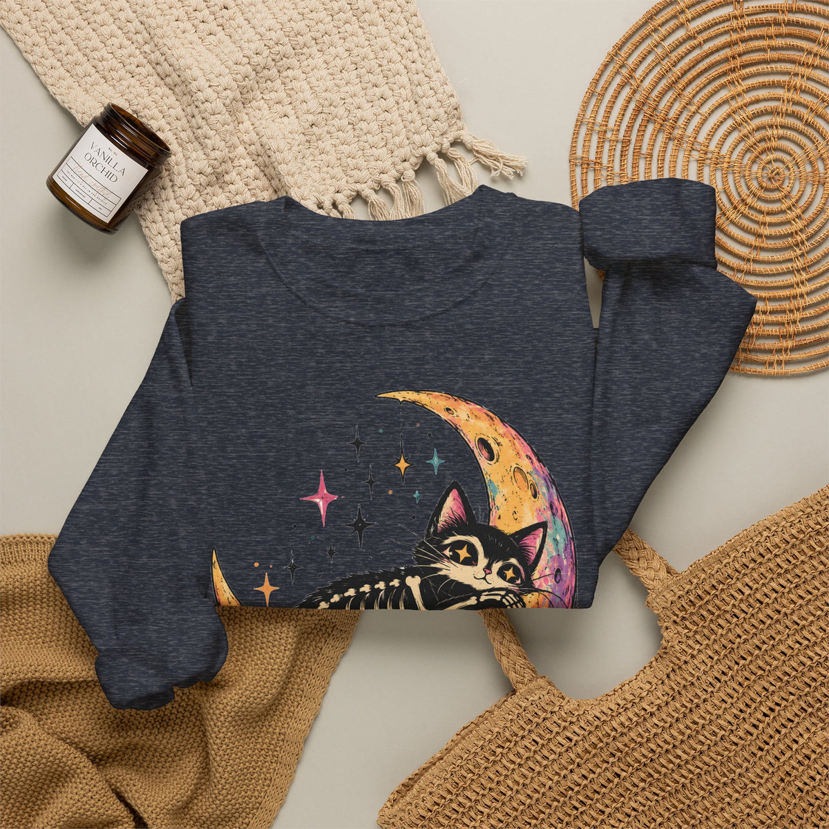 Skeleton Cat Moon Sweatshirt Pastel Goth Crescent Moon Black Cat Crewneck