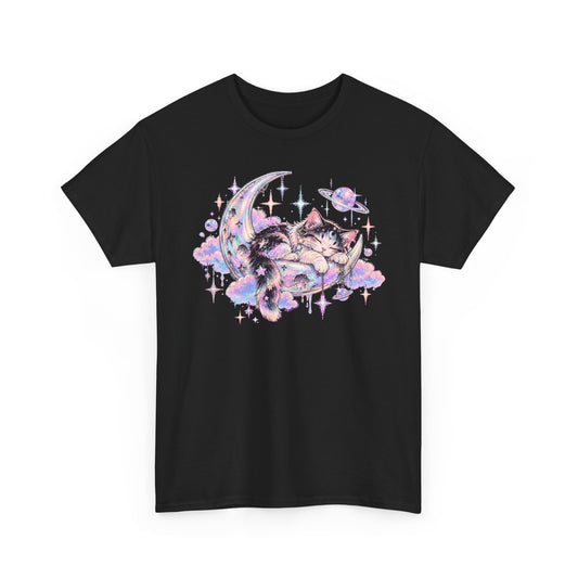 Sleeping Cat on Crescent Moon T-Shirt Pastel Kawaii Celestial Kitten Graphic Tee