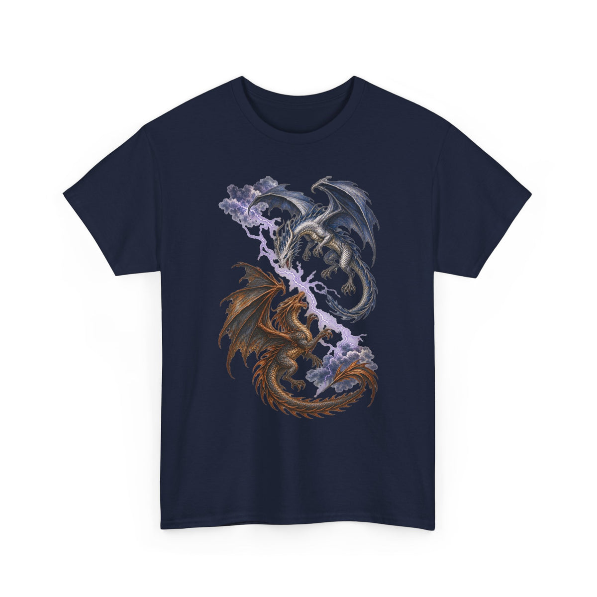 Ice and Bronze Dual Dragons Lightning T-Shirt Purple Lightning Storm Clouds Fantasy Dragon Tee