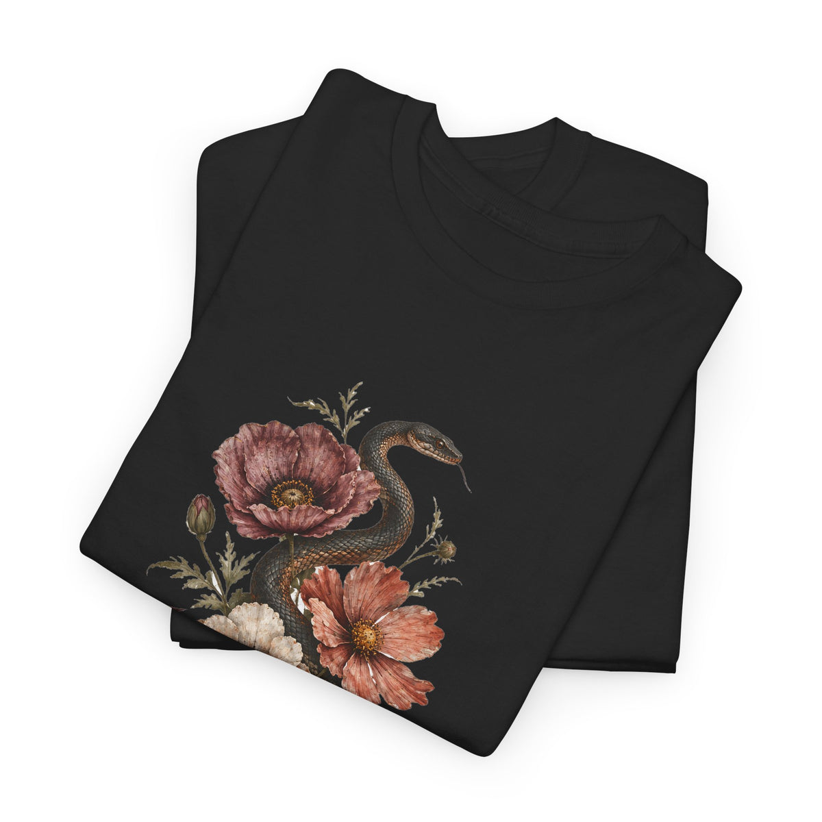Snake and Poppies T-Shirt Vintage Botanical Serpent Flower Tattoo Style Tee