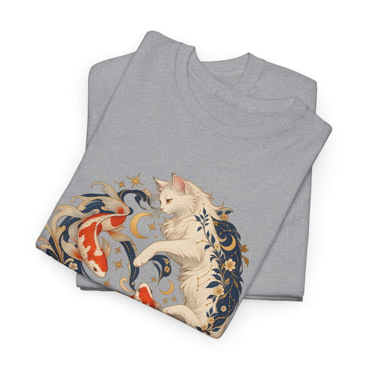 White Cat Koi Celestial T-Shirt Yin Yang Floral Cat Fish Tee