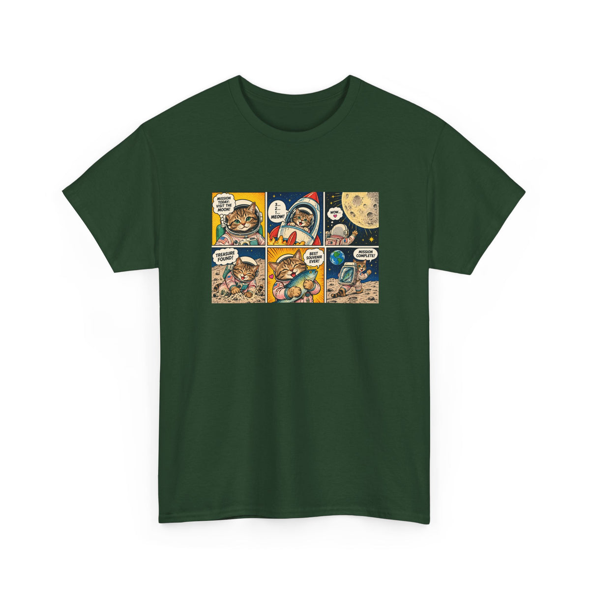 Astronaut Cat Comic T-Shirt, Space Cat Moon Mission Fish Funny Comic Strip Graphic Tee Unisex