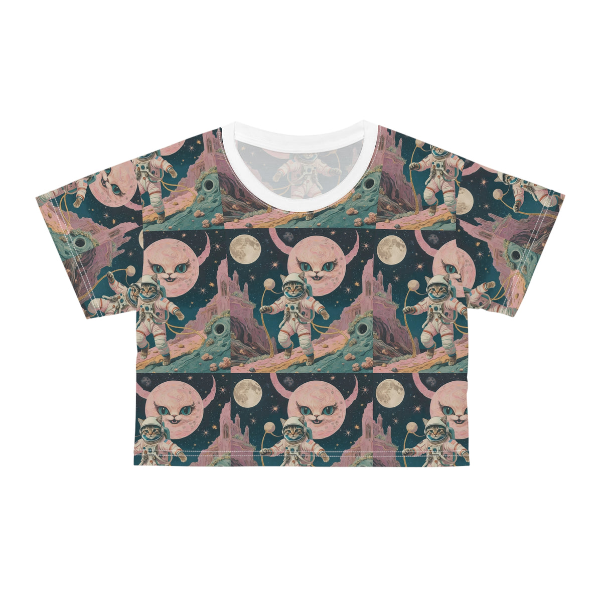 Astronaut Cat Pink Moon Face Crop Top Womens All Over Print Crop Tee