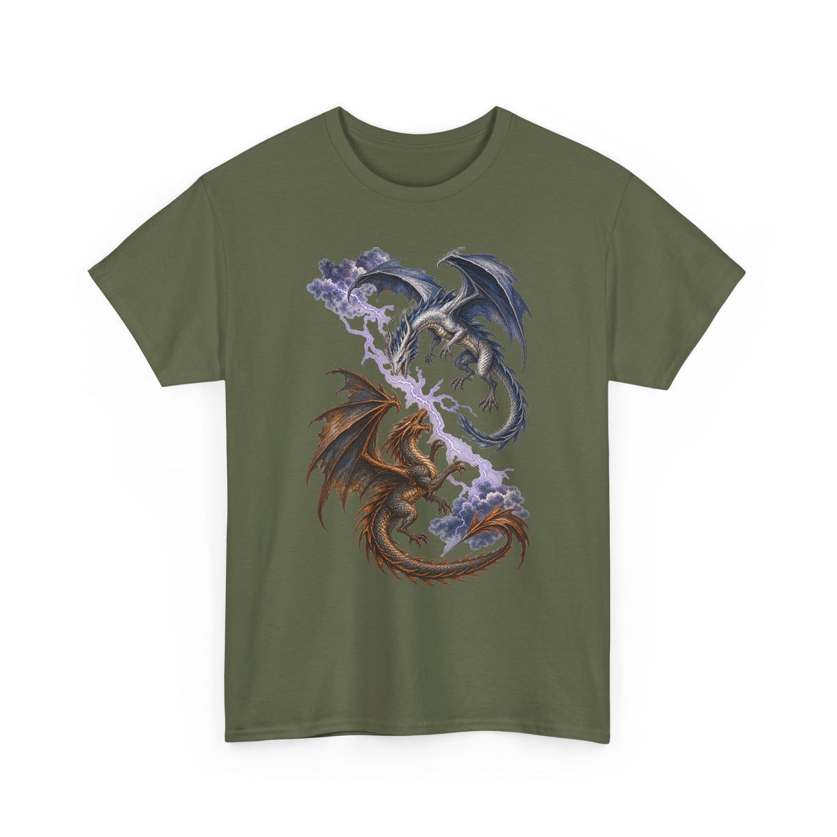 Ice and Bronze Dual Dragons Lightning T-Shirt Purple Lightning Storm Clouds Fantasy Dragon Tee