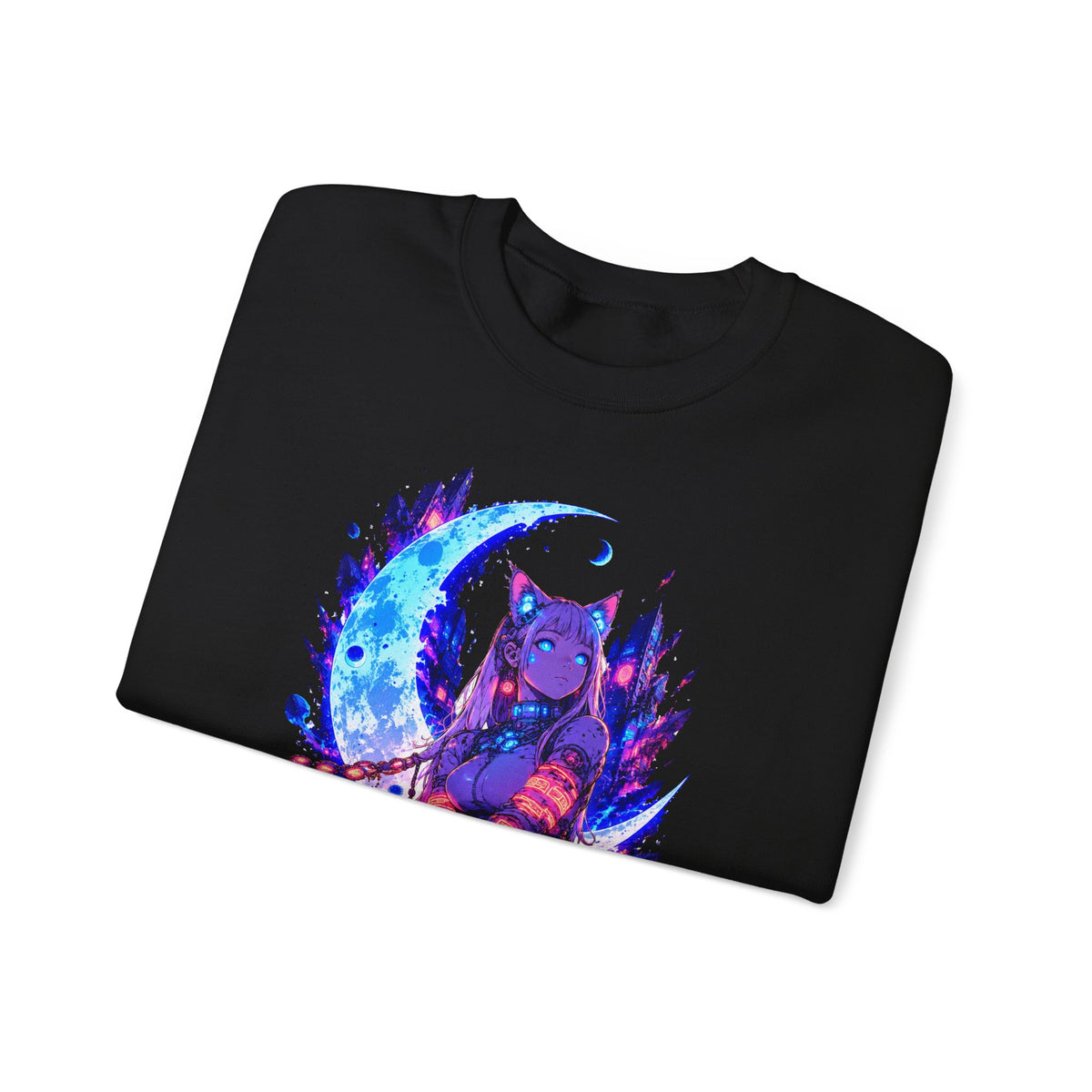 Neon Cyberpunk Cat Girl Crewneck Sweatshirt Blue Crescent Moon Anime Cat Ears Glow Art