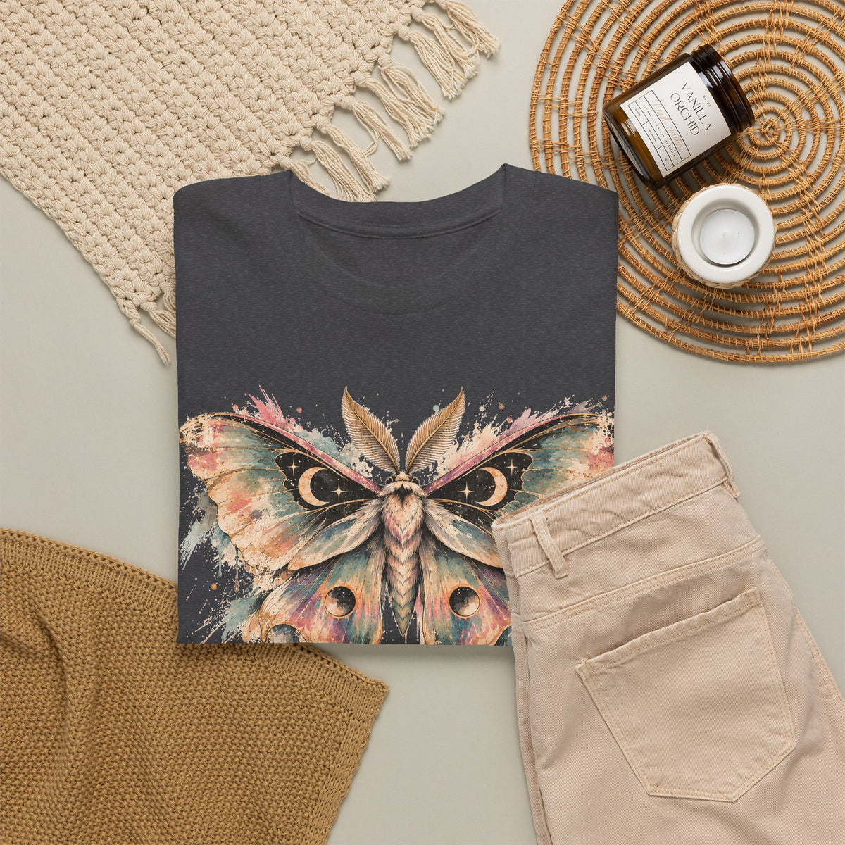 Celestial Luna Moth T-Shirt, Pastel Watercolor Moth Crescent Moon Stars Paint Drip Graphic Tee Unisex