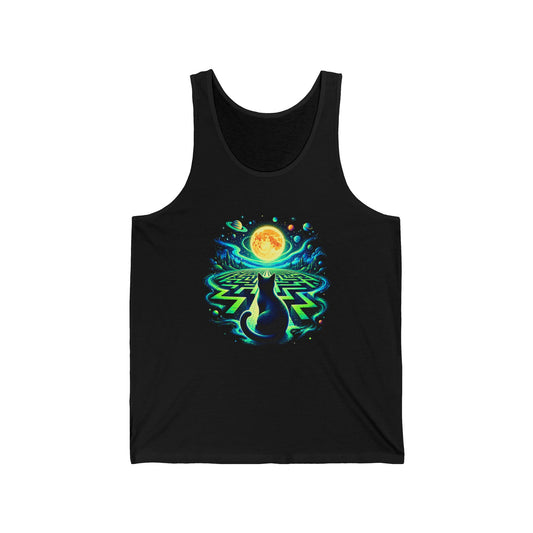 Black Cat Neon Maze Tank Top Gold Moon Planets Celestial Cat Art