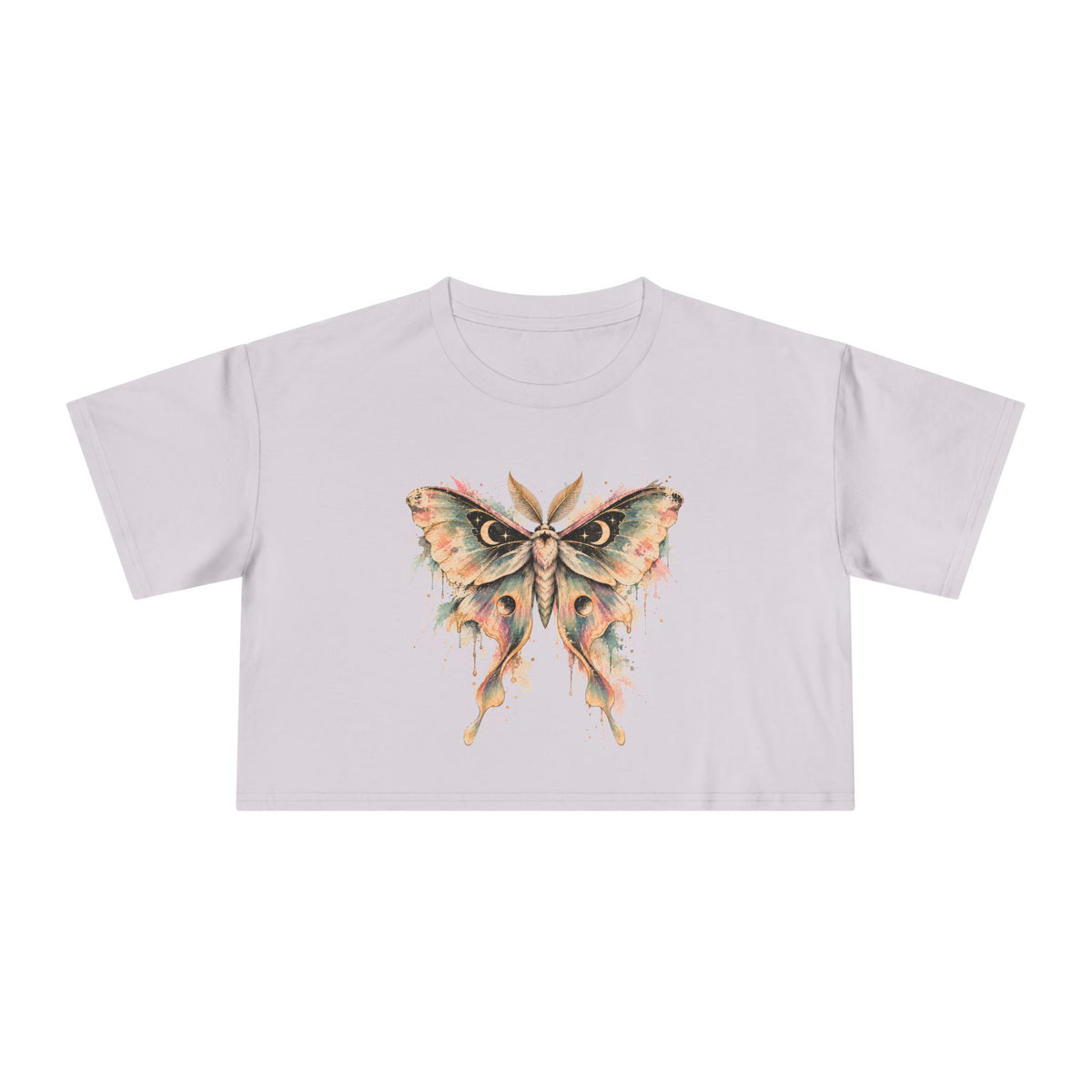 Celestial Luna Moth Crop Tee, Pastel Watercolor Moth Crescent Moon Stars Paint Drip Women's Cropped T-Shirt