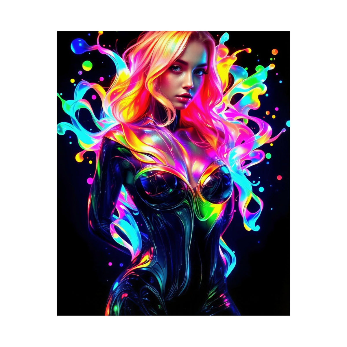 Neon Splash Rainbow Hair Woman Poster Matte Vertical Wall Art