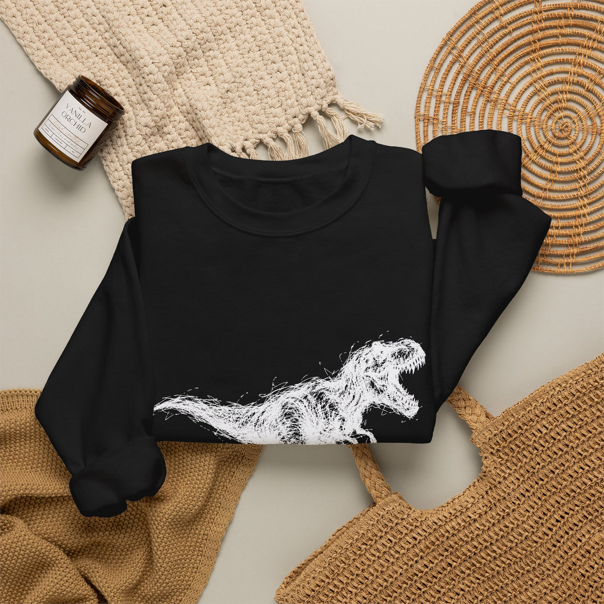 Scribble White T-Rex on Black Sweatshirt Minimal Line Art Dinosaur
