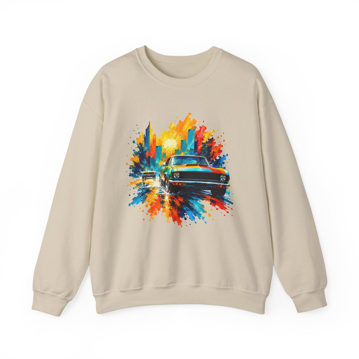 Paint Splash Muscle Car Crewneck Sweatshirt Colorful City Sunset Classic Car Art