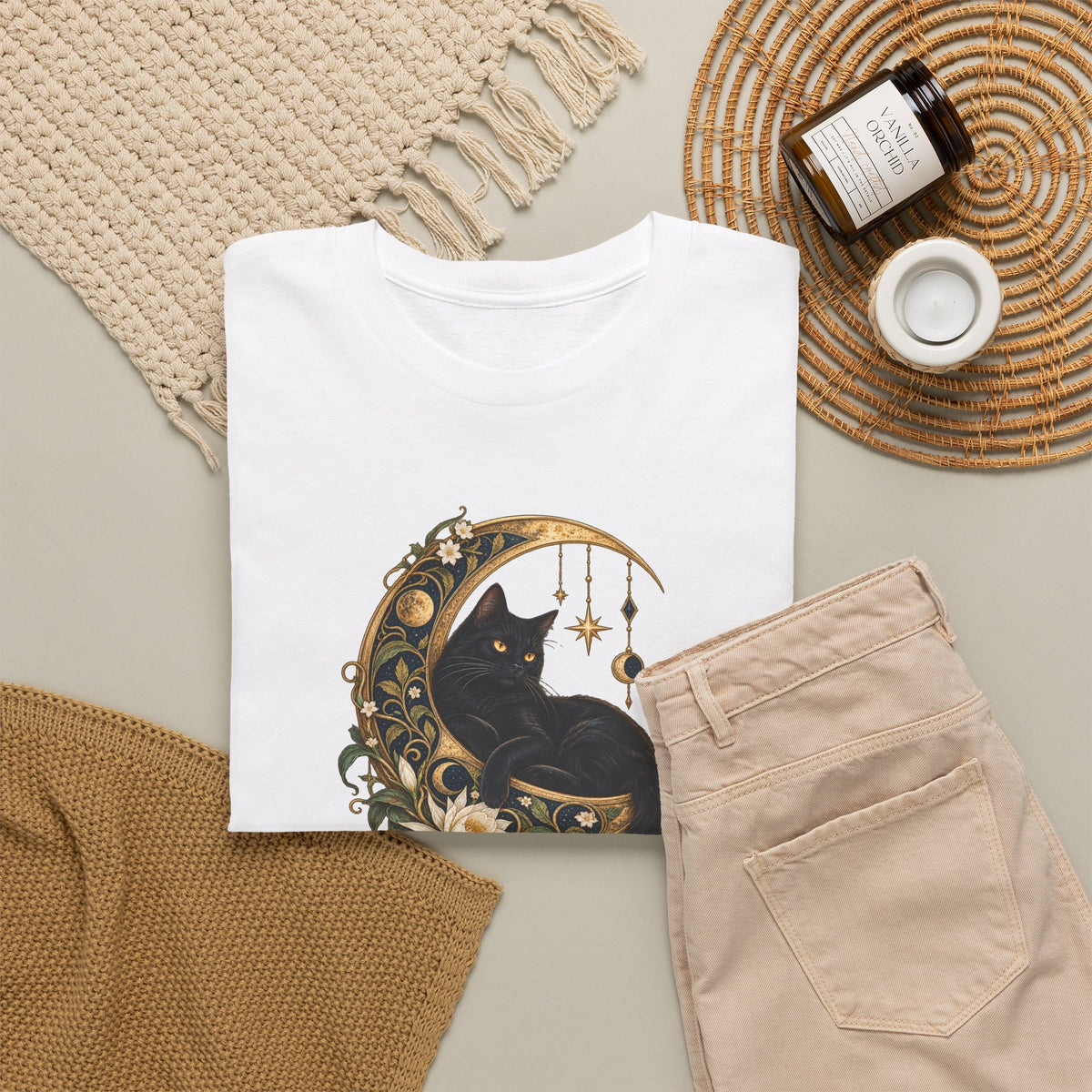 Black Cat Golden Moon T-Shirt Celestial Witchy Cat Lover Tee