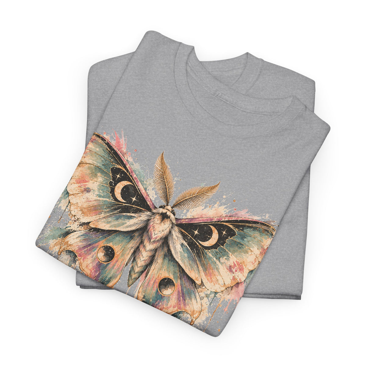 Celestial Luna Moth T-Shirt, Pastel Watercolor Moth Crescent Moon Stars Paint Drip Graphic Tee Unisex