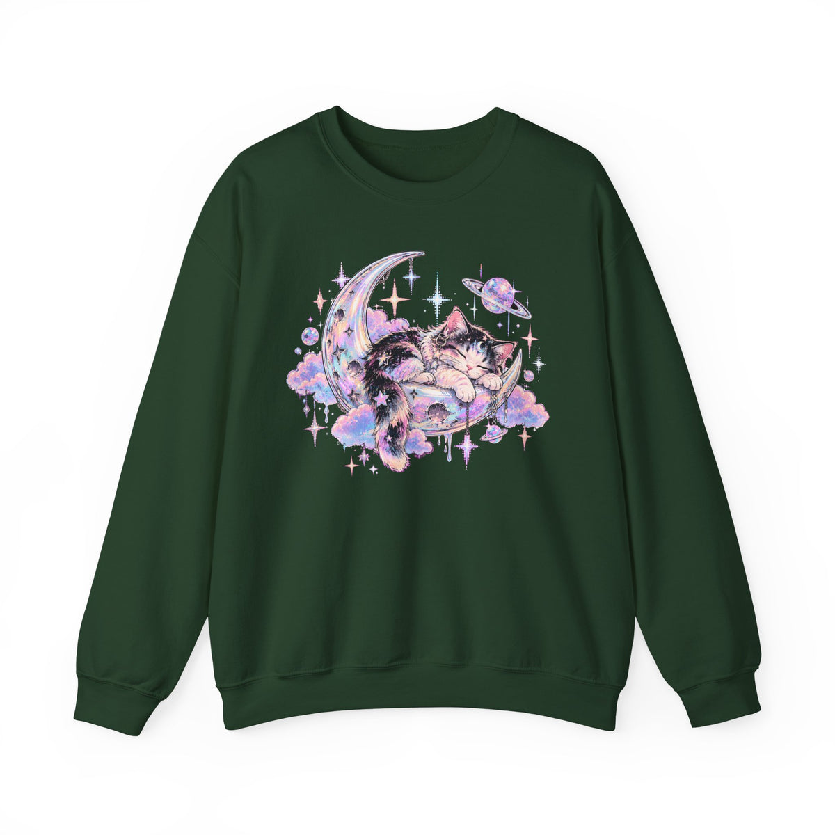 Sleeping Cat on Crescent Moon Sweatshirt Pastel Kawaii Celestial Kitten Crewneck