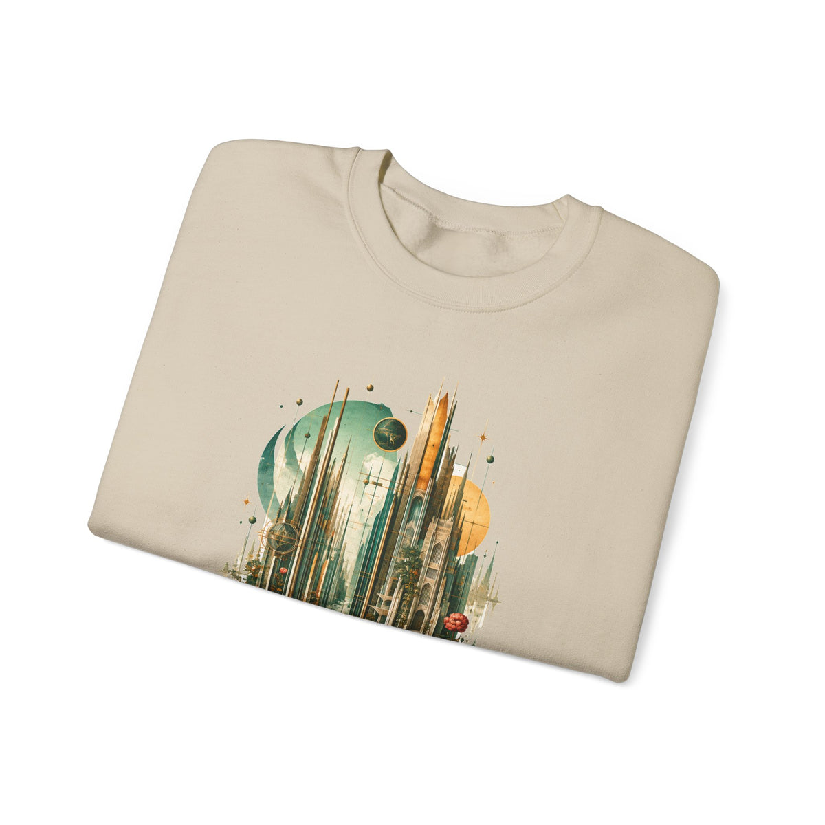 Art Deco Emerald City Crewneck Sweatshirt Gold Fantasy Skyline Roses Stairway Art