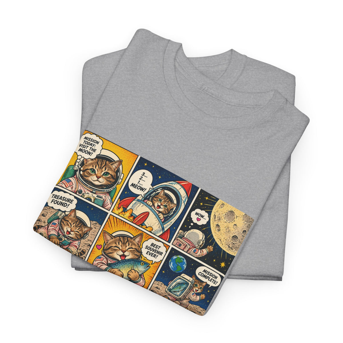 Astronaut Cat Comic T-Shirt, Space Cat Moon Mission Fish Funny Comic Strip Graphic Tee Unisex