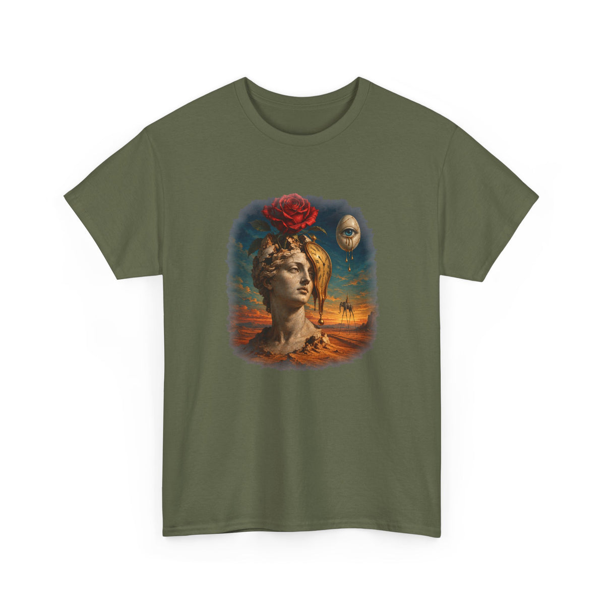 Surreal Rose Bust Melting Clock T-Shirt Dalí Style Desert Dream Tee