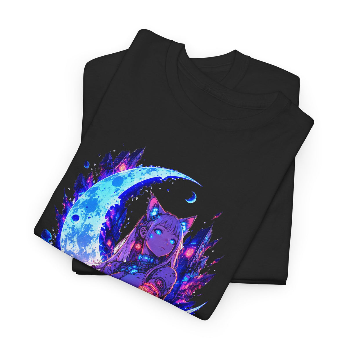 Neon Cyberpunk Cat Girl T-Shirt Blue Crescent Moon Anime Cat Ears Glow Art