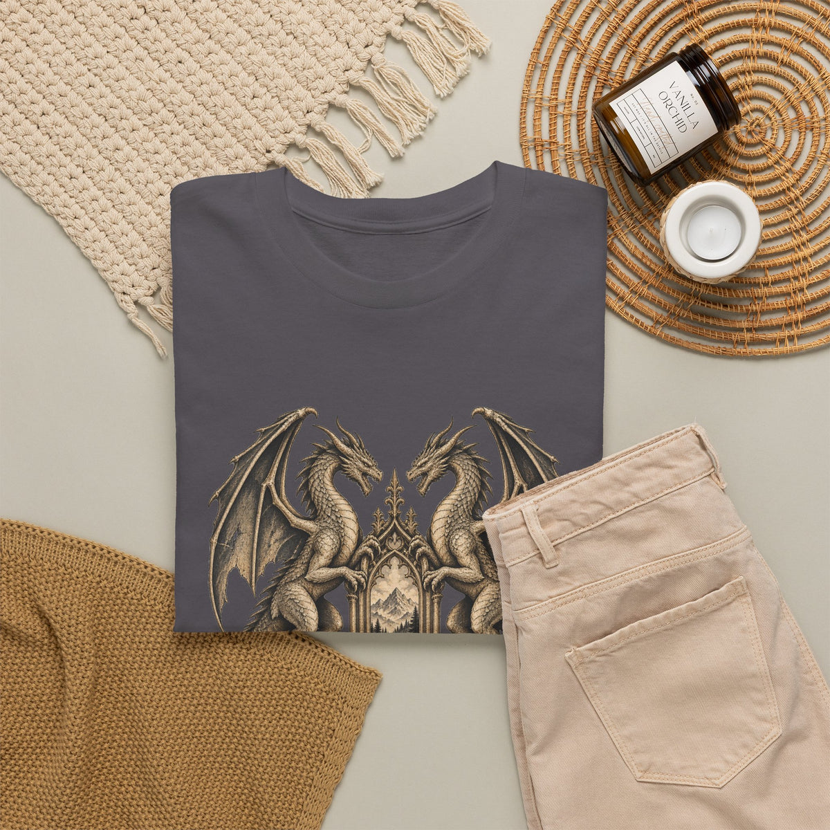 Twin Dragons Gate T-Shirt Fantasy Mountain Portal Dragon Tee