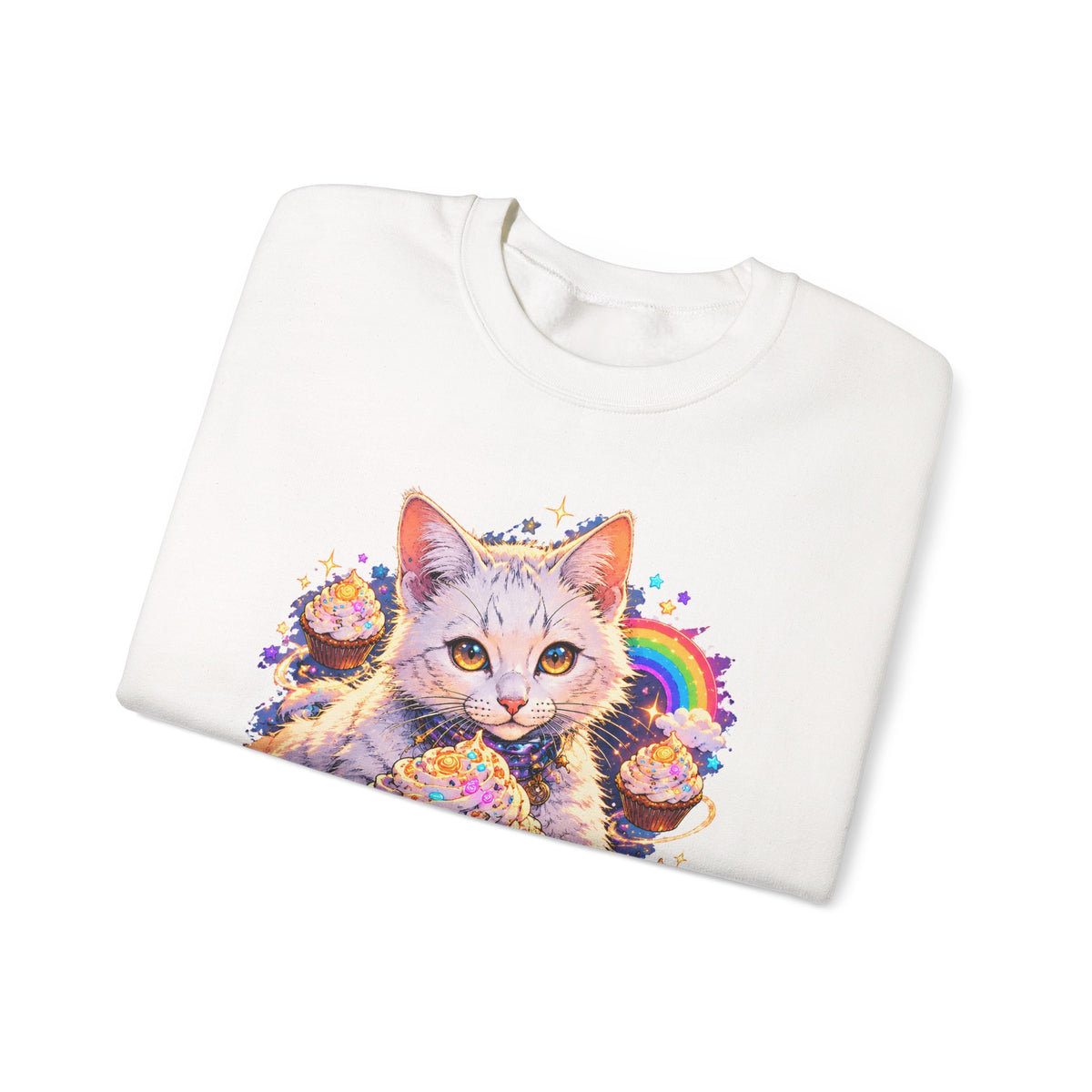 Birthday Cat Cupcake Crewneck Sweatshirt Cute White Kitten Rainbow Sprinkles Party Art