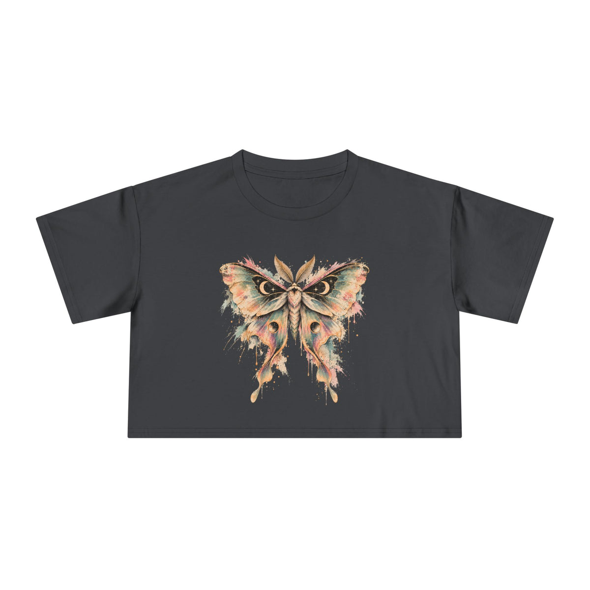 Celestial Luna Moth Crop Tee, Pastel Watercolor Moth Crescent Moon Stars Paint Drip Women's Cropped T-Shirt