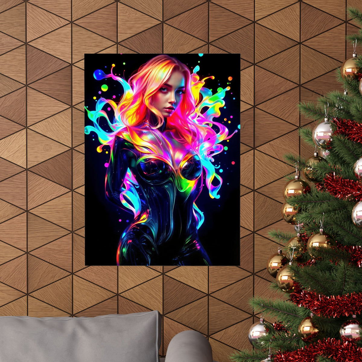 Neon Splash Rainbow Hair Woman Poster Matte Vertical Wall Art