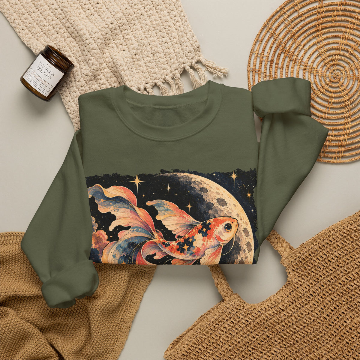 Koi Fish Moon Sweatshirt Celestial Koi Night Sky Full Moon Crewneck