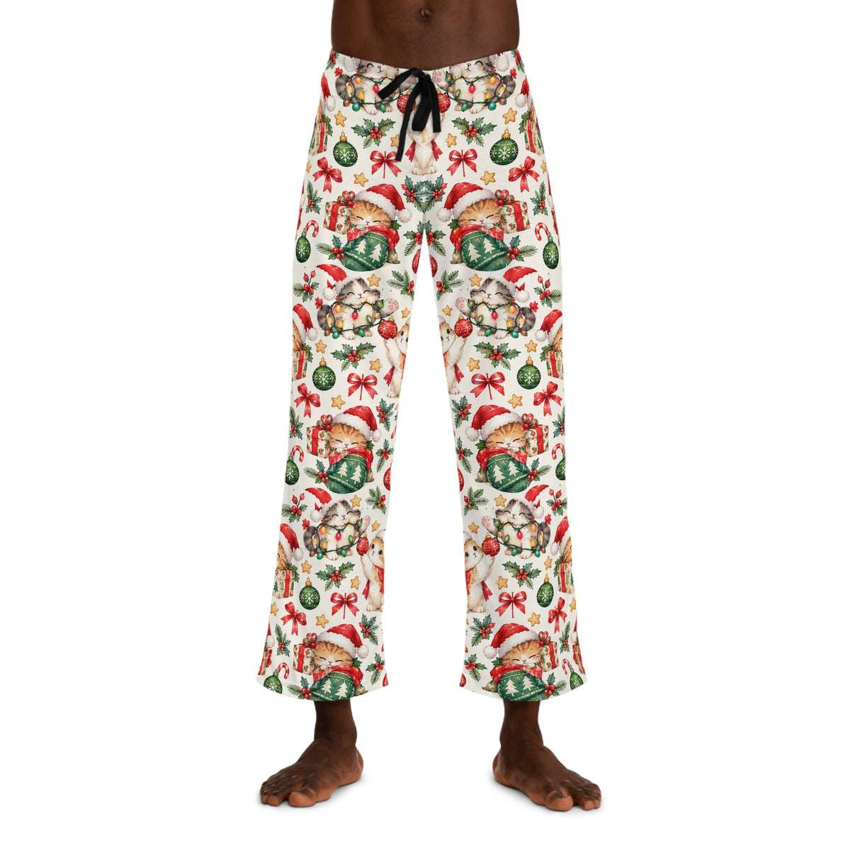 Christmas Cat Mens Pajama Pants Santa Kitten Holiday Sleep Pants