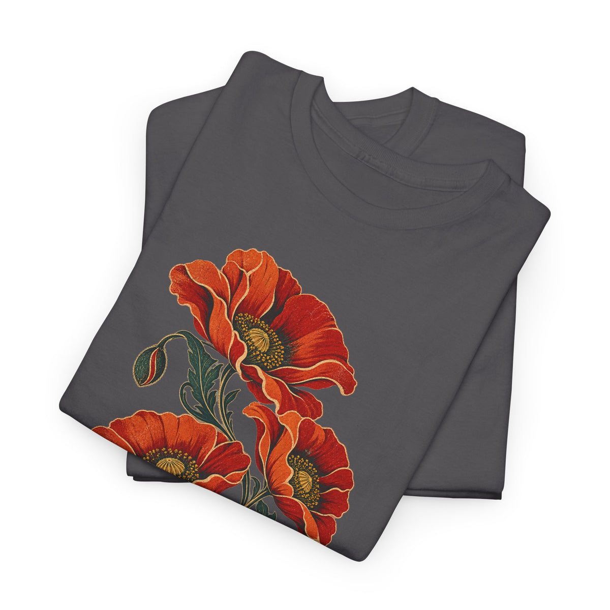 Orange Poppies Botanical T-Shirt Gold Outline Vintage Floral Tee