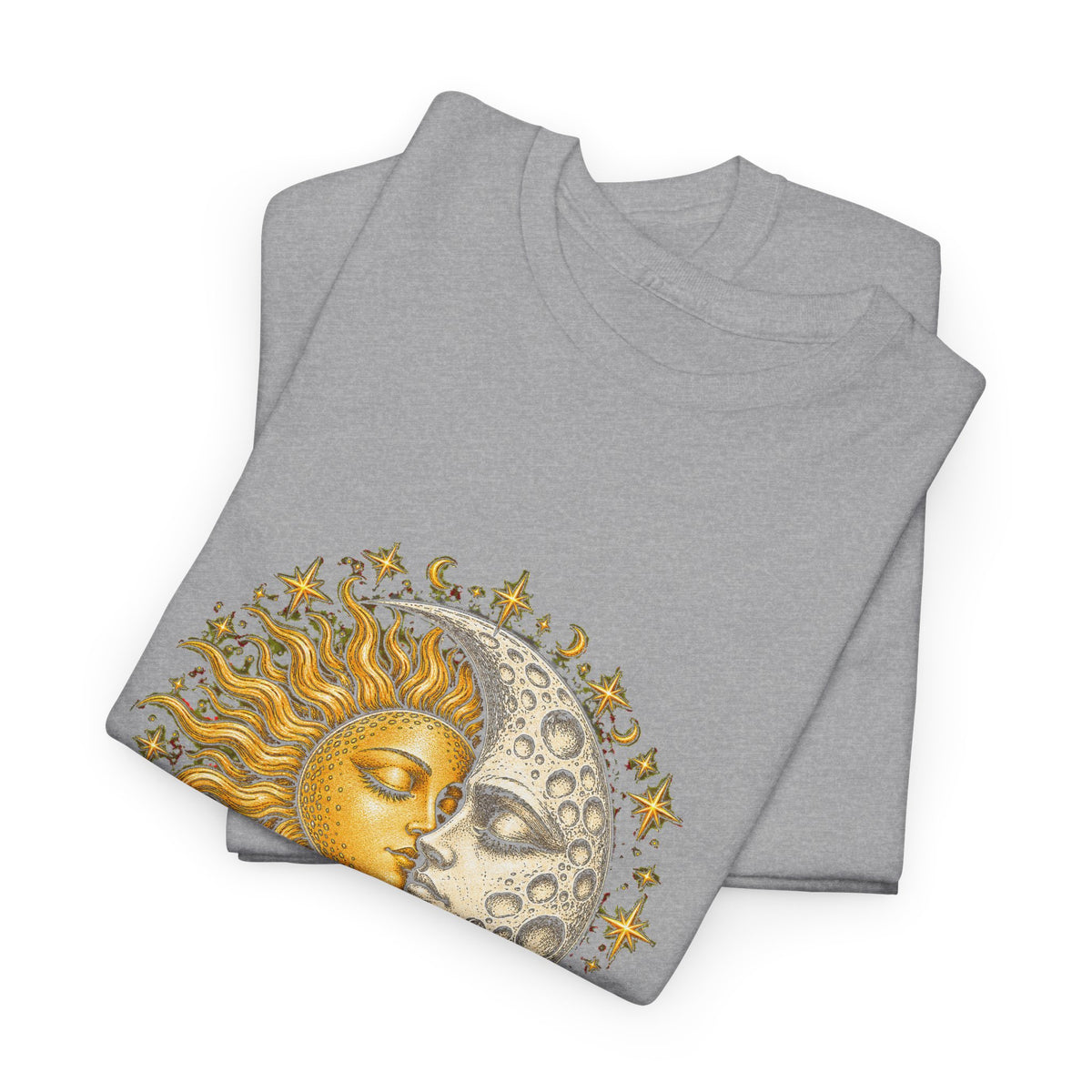 Celestial Sun and Moon Kiss T-Shirt Gold Silver Stars Romance Woodcut Tee