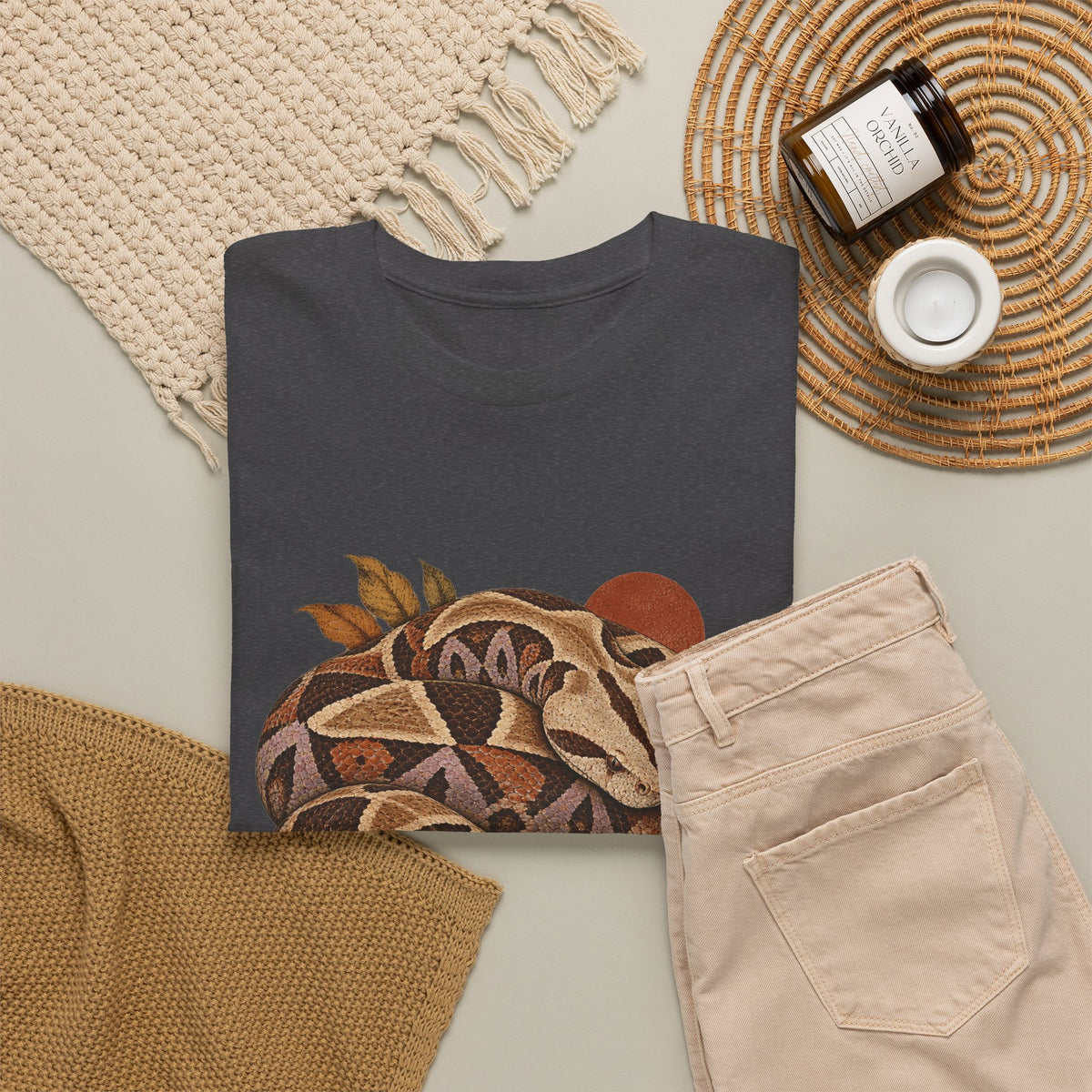 Gaboon Viper Coiled Sun T-Shirt Autumn Snake Geometric Tee