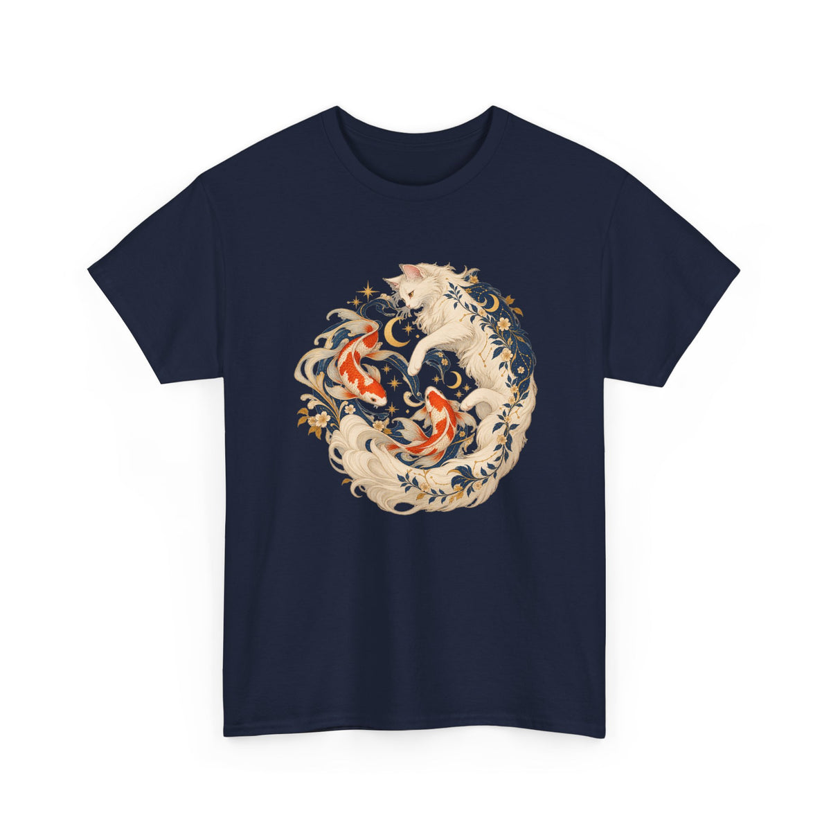 White Cat Koi Celestial T-Shirt Yin Yang Floral Cat Fish Tee