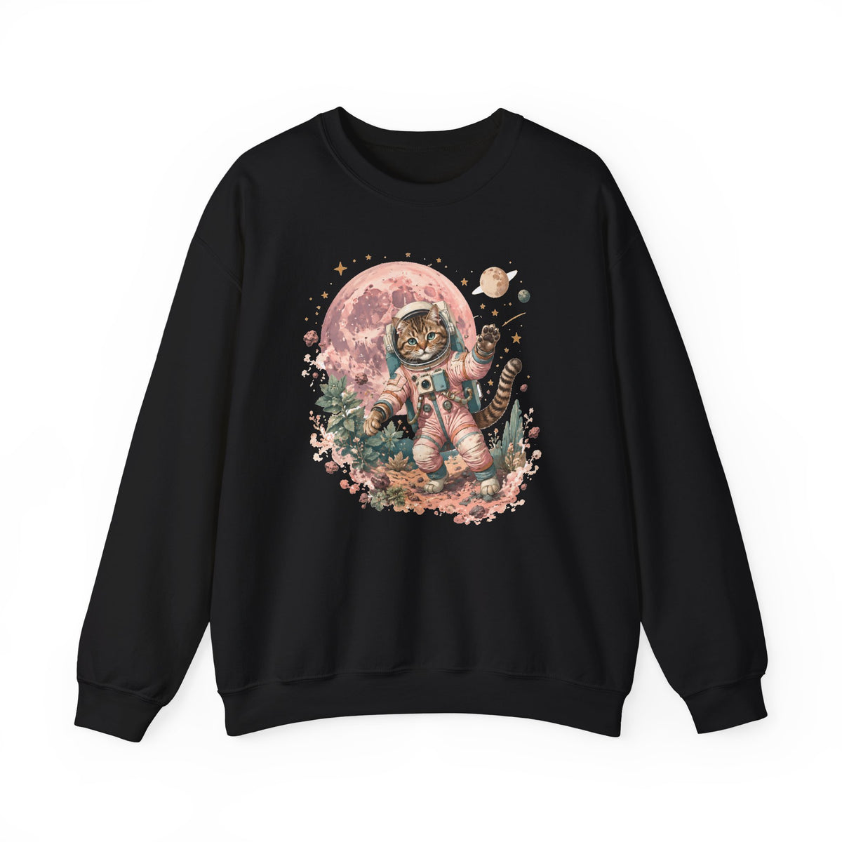 Tabby Cat Astronaut Sweatshirt Pastel Pink Moon Space Cat Waving Crewneck